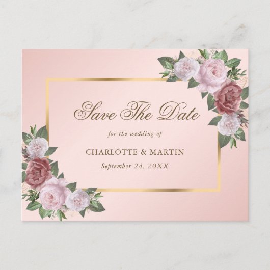 Roze gouden bruidskleur bruiloft bespaart de datum aankondigingskaart (Voorkant)
