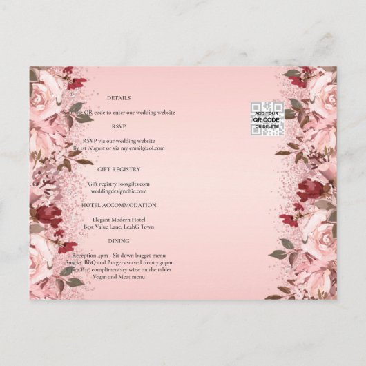 Roze Gouden Bruidsroze Bloemige Bruiloft Briefkaart (Achterkant)