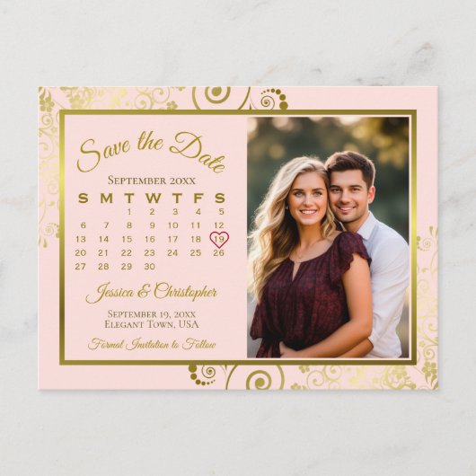 Roze & Gouden bruiloft Bewaar de datum kalender Fo Aankondigingskaart (Voorkant)