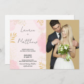Roze Gouden Bruiloft Uitnodigingen met foto (Voorkant / Achterkant)