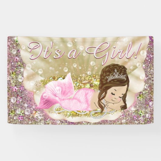 Roze Gouden Brunette Zeemeermin Baby shower Banner (Horizontaal)