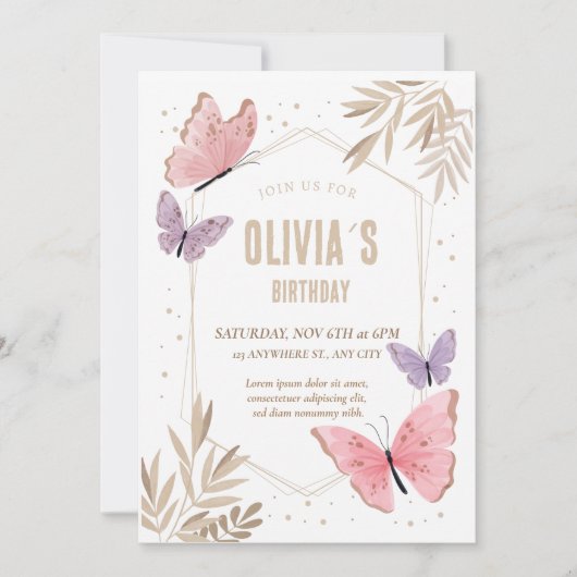 Roze, gouden Butterflies Cute Birthday Invitation Kaart (Voorkant)