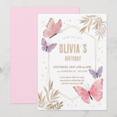 Roze, gouden Butterflies Cute Birthday Invitation Kaart (Voorkant / Achterkant)
