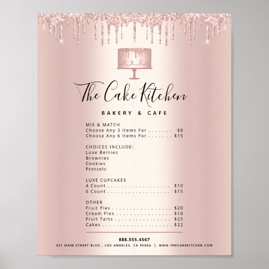 Roze Gouden Cake Bakkerij Glitter Drip Menu Prijsl Poster (Voorkant)