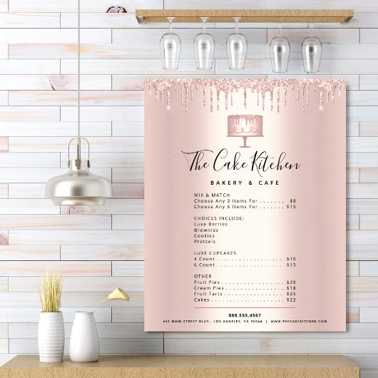 Roze Gouden Cake Bakkerij Glitter Drip Menu Prijsl Poster
