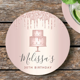 Roze gouden cake glitterdruppels elegante meisjesa ronde kartonnen onderzetter