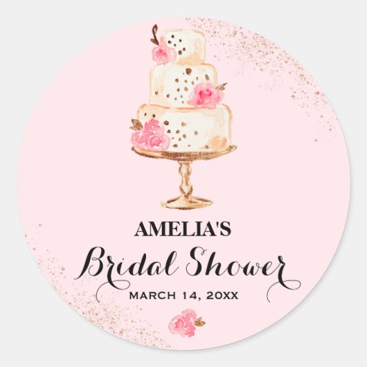 Roze Gouden Cake Theepartij Bruidsfeest Sticker (Voorkant)
