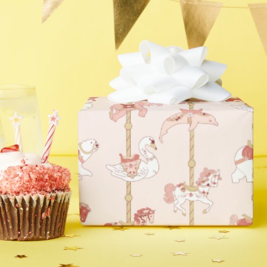 Roze & Gouden Carrousel Dieren Cadeau Cadeaupapier (Verjaardagsfeest)