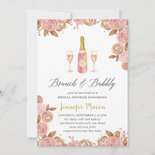 Roze & Gouden Champagnefles Floral Vrijgezellenfee Kaart (Voorkant)