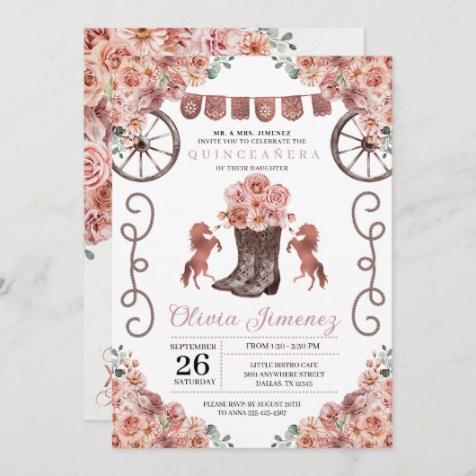 Roze Gouden Charra Bloemstiefels Quinceañera Kaart (Voorkant / Achterkant)