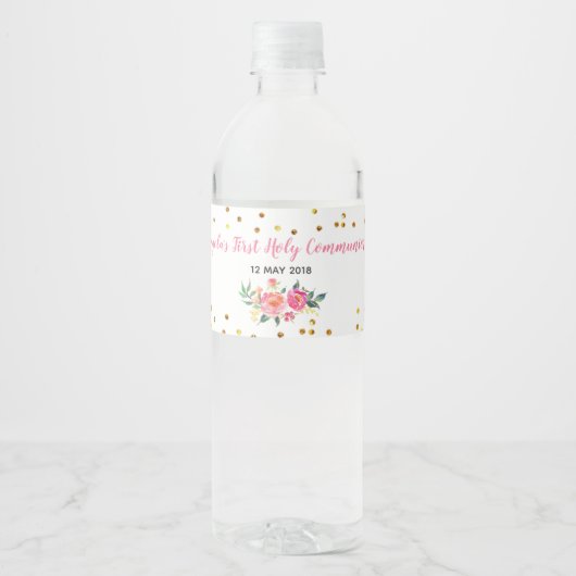 Roze Gouden Chique Bloemen Water Flesje Label Waterfles Etiket (Voorkant)