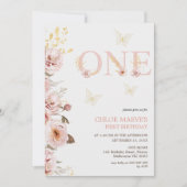 Roze Gouden Chique Bloemenvlinders 1e Verjaardag Kaart (Voorkant)