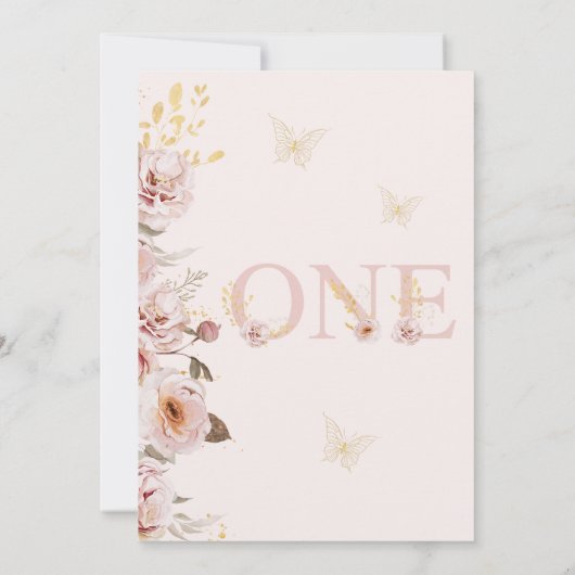 Roze Gouden Chique Bloemenvlinders 1e Verjaardag Kaart (Achterkant)