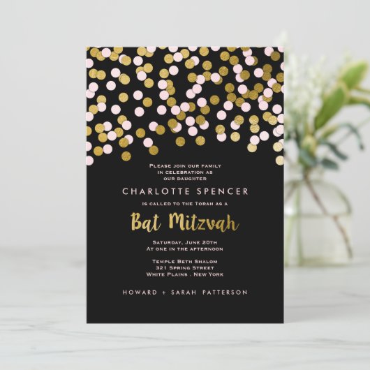 Roze | Gouden Confetti Bat Mitswa Kaart (Staand voorkant)