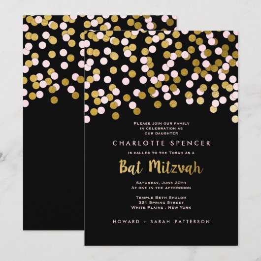 Roze | Gouden Confetti Bat Mitswa Kaart (Voorkant / Achterkant)