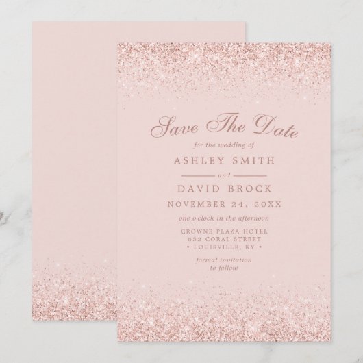 Roze Gouden Confetti Blush Roze Modern Save The Date (Voorkant / Achterkant)