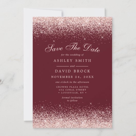 Roze Gouden Confetti Bourgondië Modern Save The Date (Voorkant)
