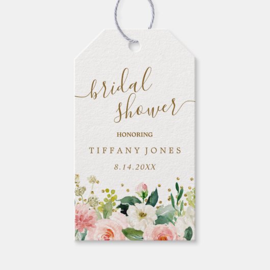 Roze Gouden Confetti Bruidsdouche met Bloemmotief Cadeaulabel (Voorkant)