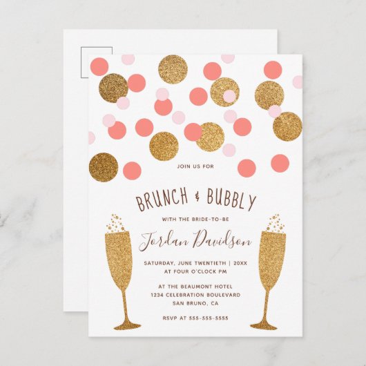 Roze & Gouden Confetti Brunch & Bubbly Invites Uitnodiging Briefkaart (Voorkant / Achterkant)