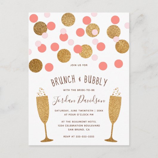 Roze & Gouden Confetti Brunch & Bubbly Invites Uitnodiging Briefkaart (Voorkant)