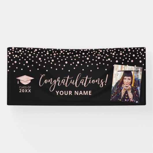 Roze Gouden Confetti Felicitaties Afstudeerbanner Spandoek (Horizontaal)