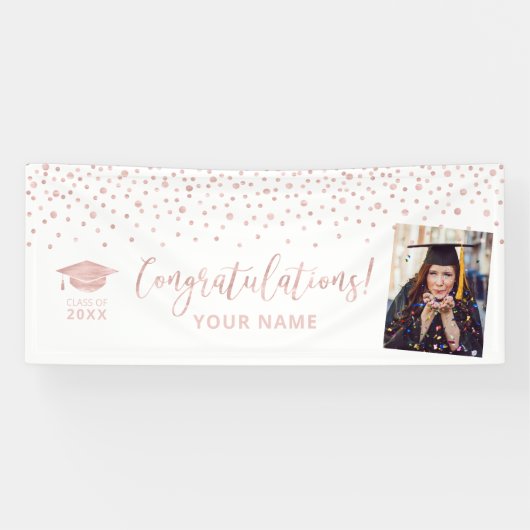 Roze Gouden Confetti Felicitaties Afstuderen Spandoek (Horizontaal)