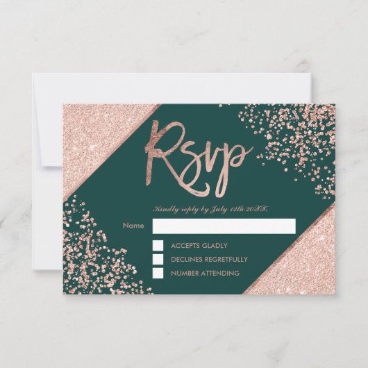 Roze gouden confetti frame groene rsvp bruiloft kaartje (Voorkant)