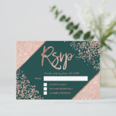 Roze gouden confetti frame groene rsvp bruiloft kaartje (Staand voorkant)