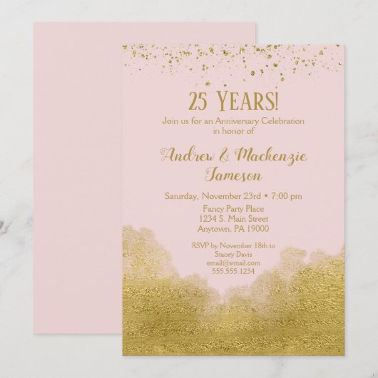 Roze Gouden Confetti Jubileum Uitnodiging (Voorkant / Achterkant)