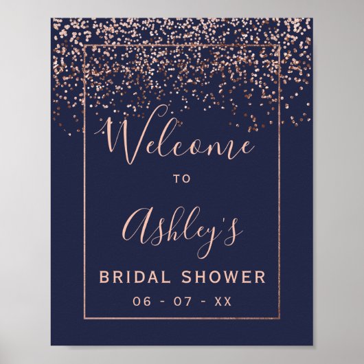 Roze gouden confetti marineblauwe bruidsontvangst  poster (Voorkant)