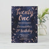 Roze gouden confetti marineblauwe chic 21e verjaar kaart (Staand voorkant)