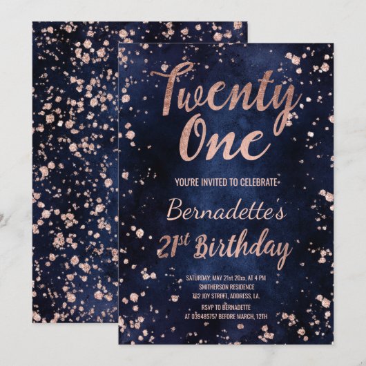 Roze gouden confetti marineblauwe chic 21e verjaar kaart (Voorkant / Achterkant)