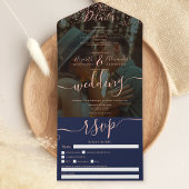 Roze gouden confetti marineblauwe script foto brui all in one uitnodiging