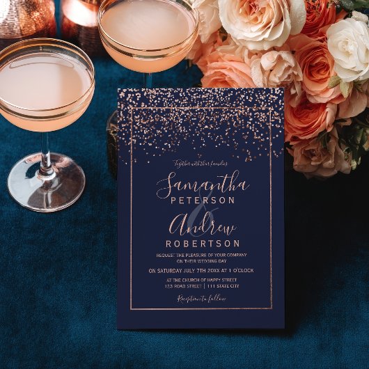 Roze gouden confetti marineblauwe typografie bruil kaart