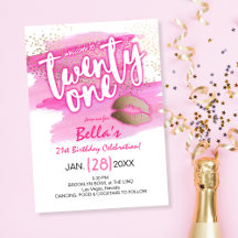 Roze Gouden Confetti Modern 21e Verjaardagsuitnodi