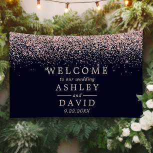 Roze Gouden Confetti Navy Blauwe Huwelijks Welkom Spandoek