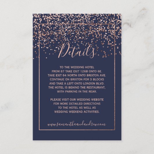 Roze gouden confetti navyblauwe typografie details informatiekaartje (Voorkant)
