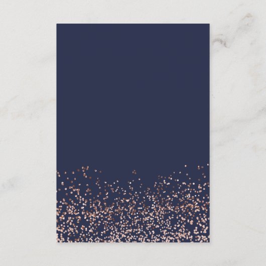 Roze gouden confetti navyblauwe typografie details informatiekaartje (Achterkant)