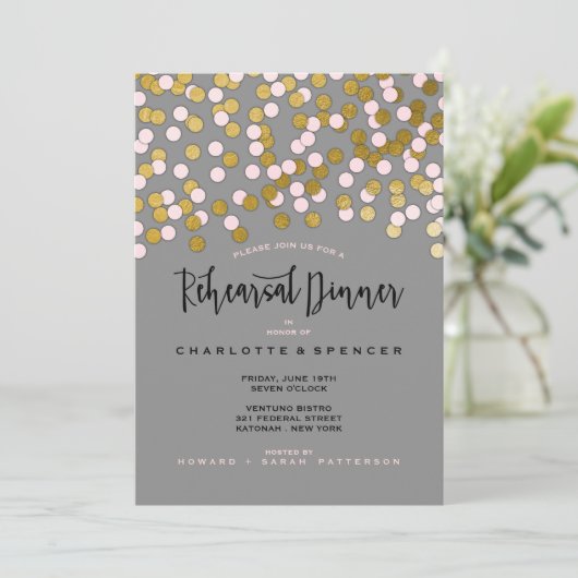 Roze | Gouden Confetti Oefendiner voor de Bruiloft Kaart (Staand voorkant)