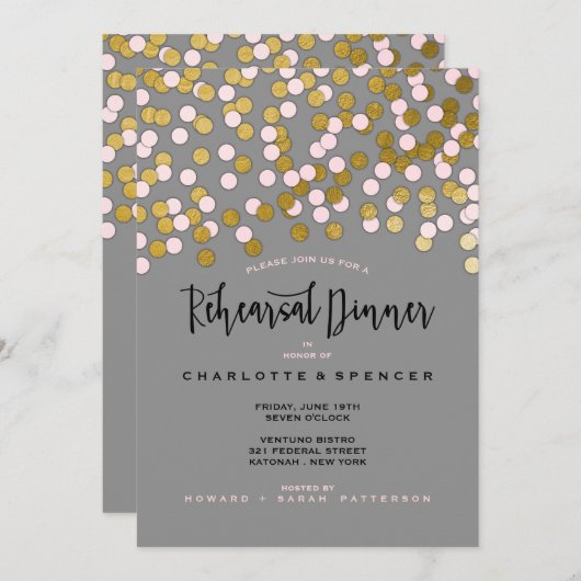 Roze | Gouden Confetti Oefendiner voor de Bruiloft Kaart (Voorkant / Achterkant)