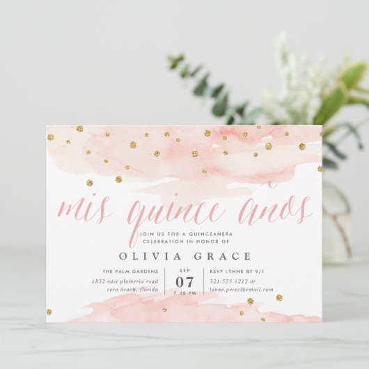 Roze & Gouden Confetti Pop | Waterverf Quinceanera Kaart (Staand voorkant)