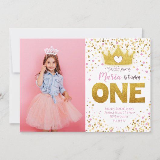 Roze Gouden Confetti Prinses Verjaardagsuitnodigin Kaart (Voorkant)