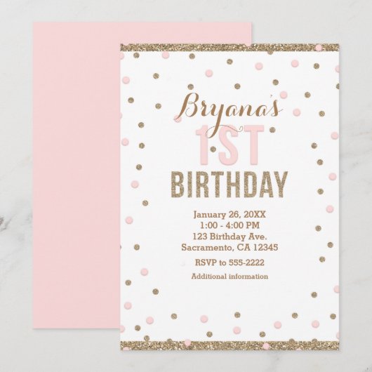Roze & Gouden Confetti Stippen Meisjes 1e Verjaard Kaart (Voorkant / Achterkant)