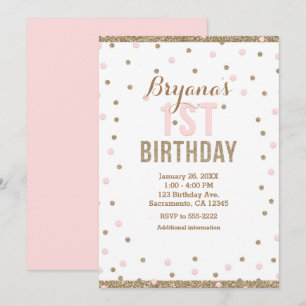 Roze & Gouden Confetti Stippen Meisjes 1e Verjaard Kaart