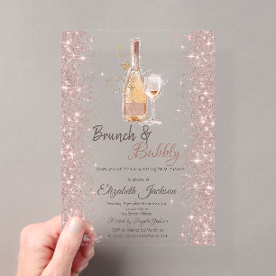 Roze Gouden Confetti Wijn Glas Bruidsdouche Acryl Uitnodigingen