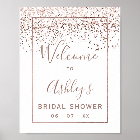 Roze gouden confetti witte bruidsdouche welkom poster (Voorkant)