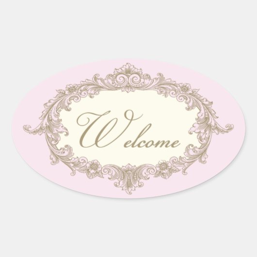 Roze Gouden Cream Vintage Bruiloft Welkom Ovale Sticker (Voorkant)