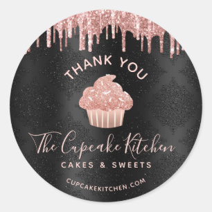 Roze Gouden Cupcake Glitter Druppels Bakkerij Zwar Ronde Sticker