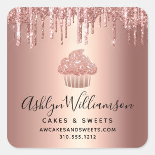 Roze Gouden Cupcake Glitter Druppels Banketbakker Vierkante Sticker