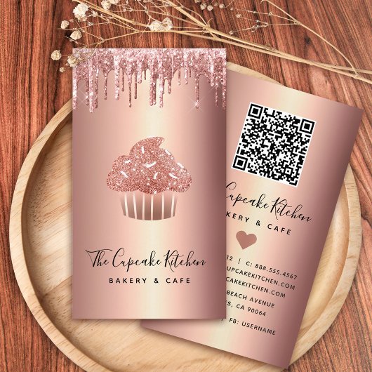 Roze Gouden Cupcake Glitter Druppels QR Code Bakke Visitekaartje